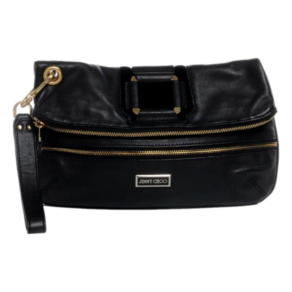 Jimmy Choo Black Leather Mave Foldover Clutch Carry Bag Authentic